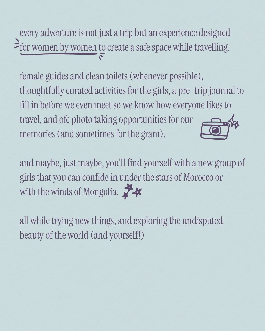Cat Treks brand slide about trips designed for women by women
